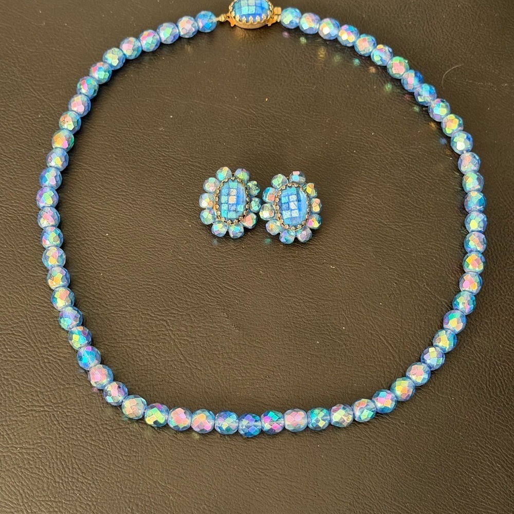 Vintage Glass Bead Blue Iridescent Coated necklace & clip earring Set 1950s Rare